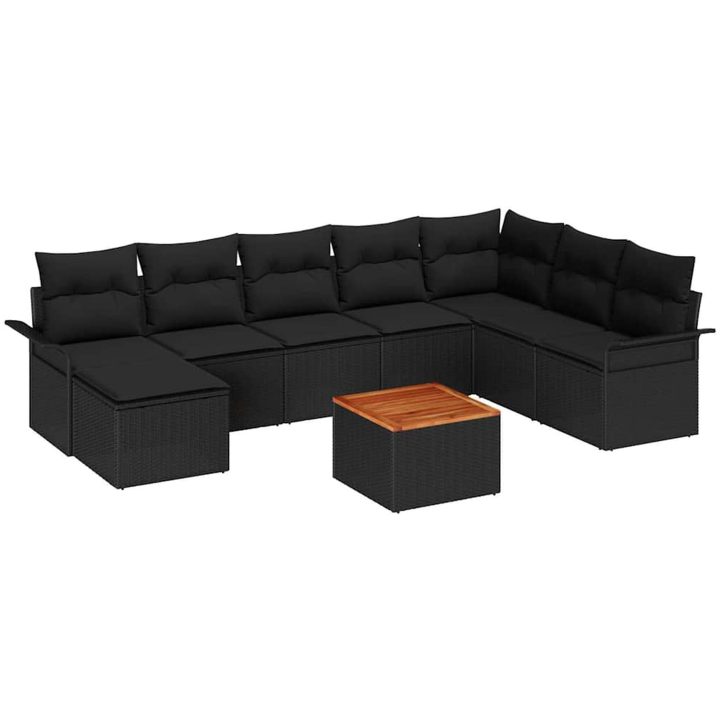 9-delad Trädgårdsoffセット med Kuddar Svart Poly Rotting Akacia vidaXL Medium – bild 2