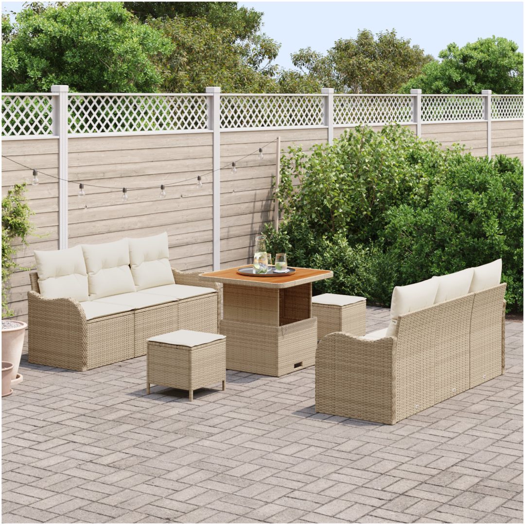 9-delad trädgårdsoff Set med dynor Beige poly rotting akacia vidaXL Stor – bild 3