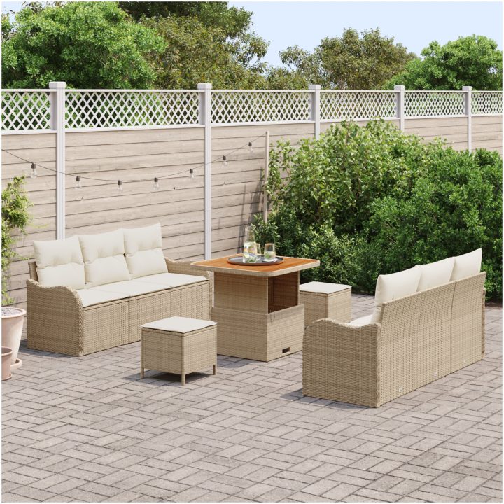 9-delad trädgårdsoff Set med dynor Beige poly rotting akacia vidaXL Stor – bild 3