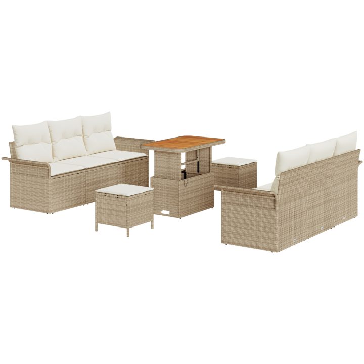 9-delad trädgårdsoff set med kuddar beige poly rattan akaciaträ vidaXL Stor – bild 2