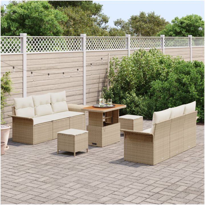 9-delad trädgårdsoff set med kuddar beige poly rattan akaciaträ vidaXL Stor – bild 3