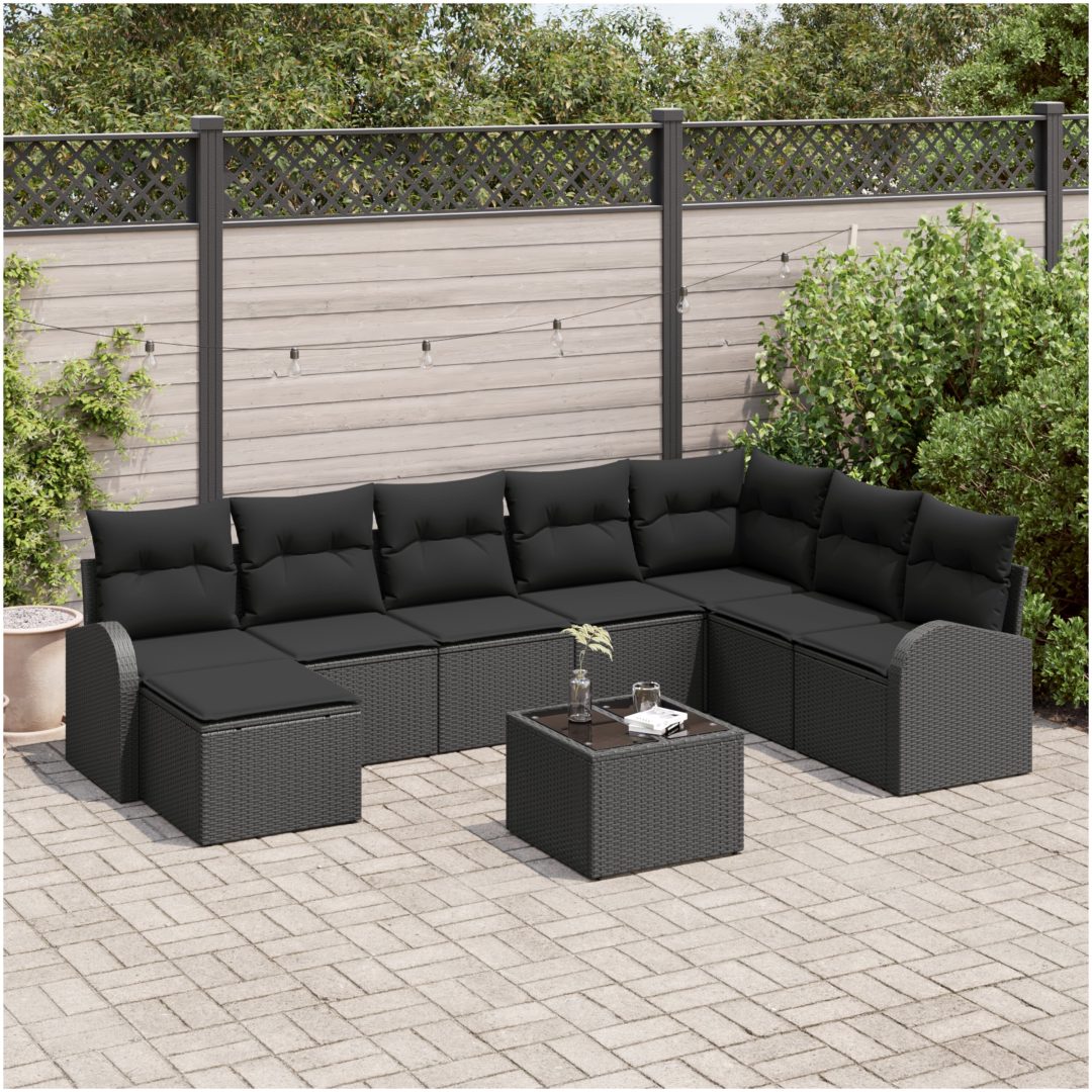 9-delad trädgårdsoff set med kuddar Beige Poly Rattan vidaXL Stor