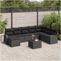 9-delad trädgårdsoff set med kuddar Beige Poly Rattan vidaXL