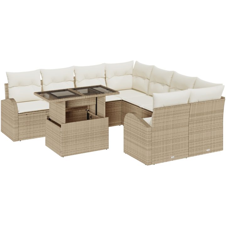9-delad trädgårdsoff-set med kuddar beige polyrotting vidaXL Stor – bild 2