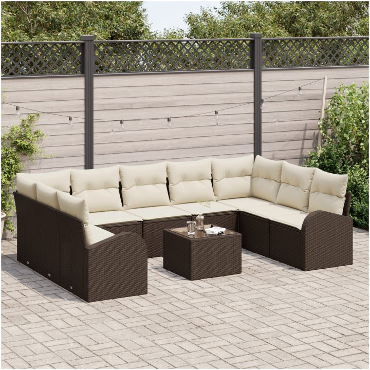 9-delad trädgårdsoff set med kuddar grå poly rattan vidaXL Stor – bild 3