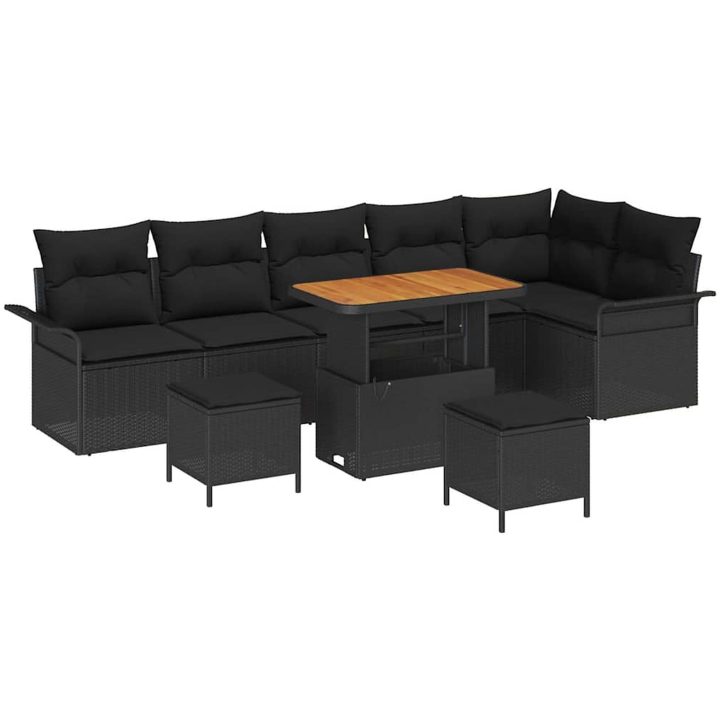 9-delad trädgårdsoff-set med kuddar svart poly rattan akacia vidaXL Standard – bild 2