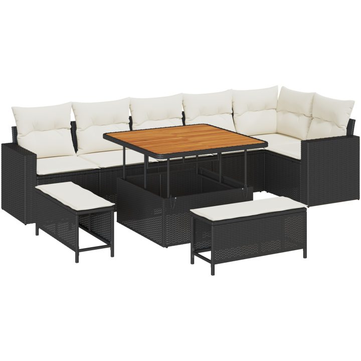 9 Delad Trädgårdsoff Set med Kuddar Svart Poly Rattan Akacia vidaXL Stor – bild 2