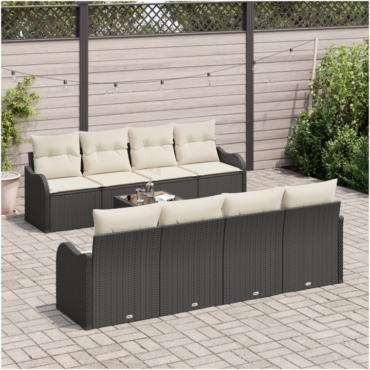 9-delad Trädgårdsoff Set med Kuddar Svart Poly Rattan vidaXL Stor – bild 3