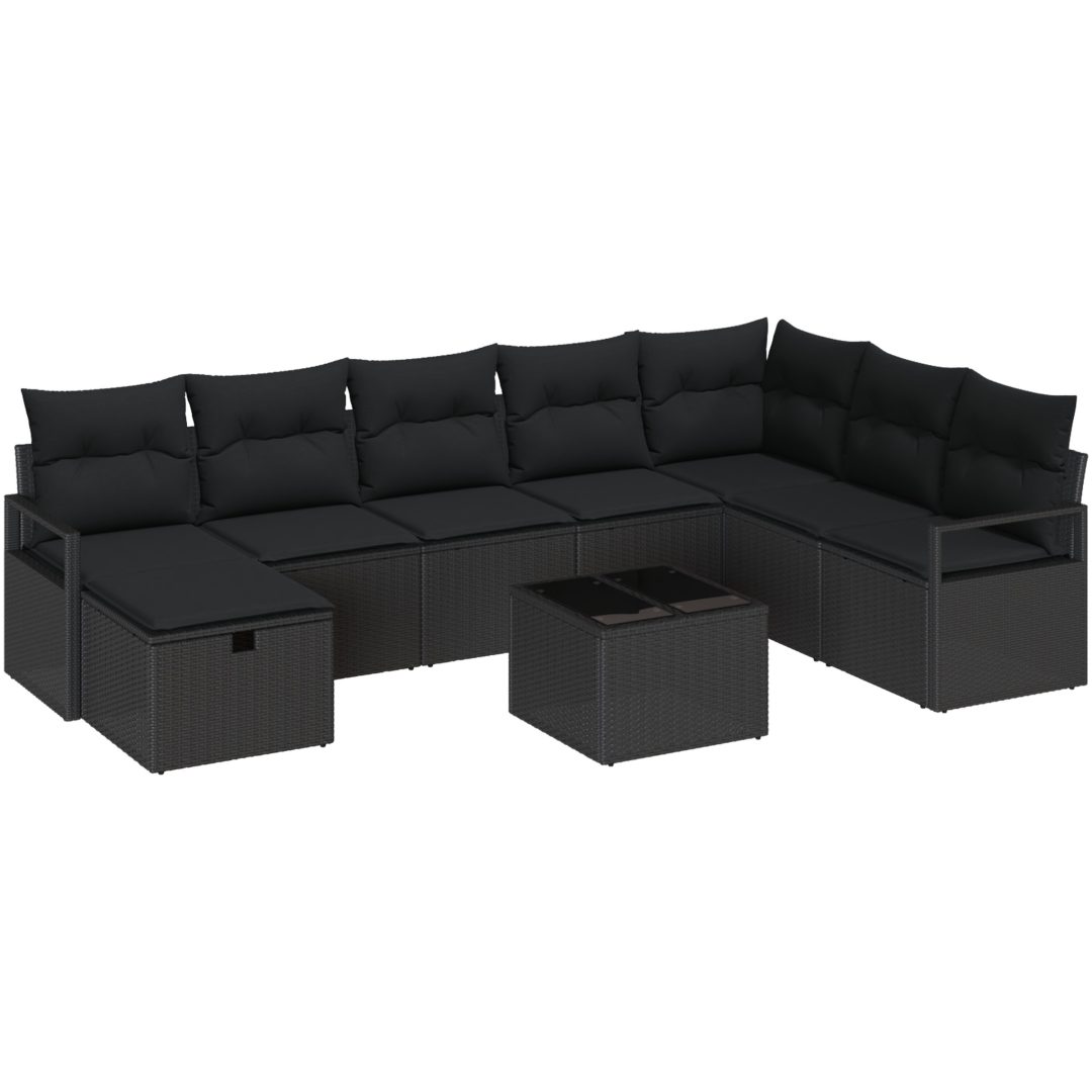 9-delad trädgårdsoff-set med kuddar svart poly rattan vidaXL Stor – bild 2