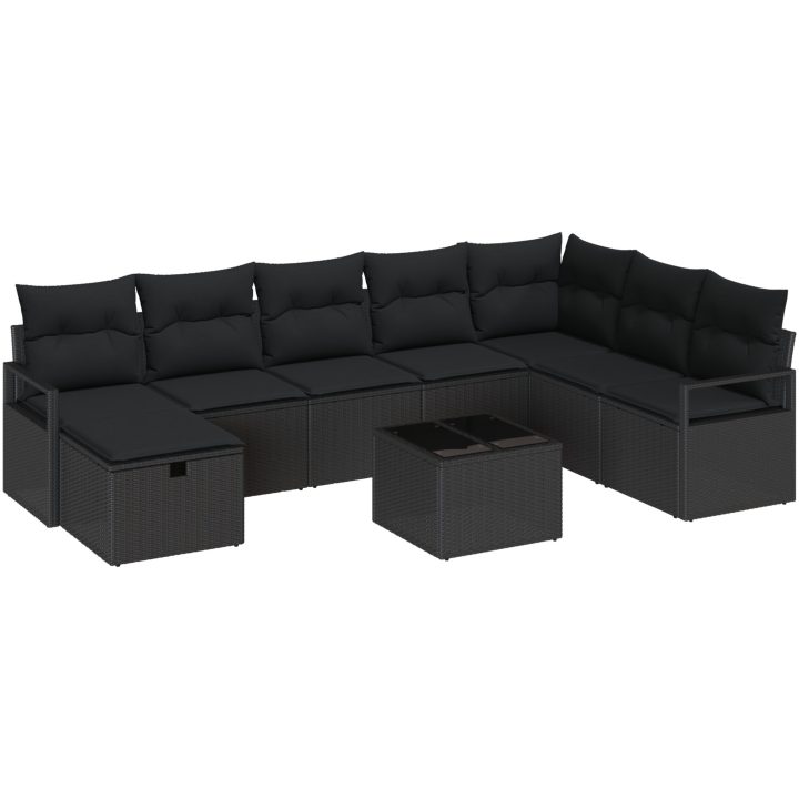 9-delad trädgårdsoff-set med kuddar svart poly rattan vidaXL Stor – bild 2