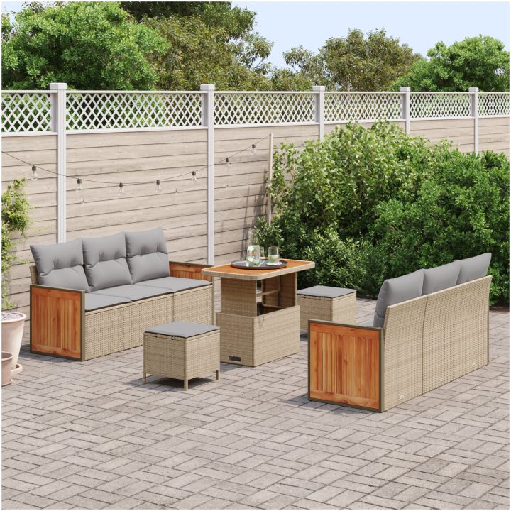 9-delad trädgårdsoffa med beige poly rattan och akacia-kuddar vidaXL Stor – bild 3