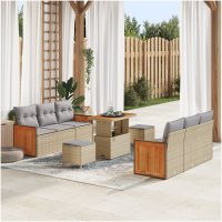 9-delad trädgårdsoffa med beige poly rattan och akacia-kuddar vidaXL