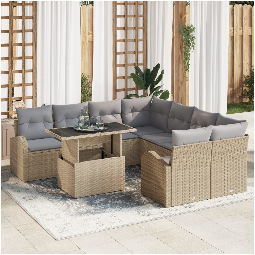 9-delad trädgårdsoffa med kuddar beige poly konstrotting vidaXL Medium