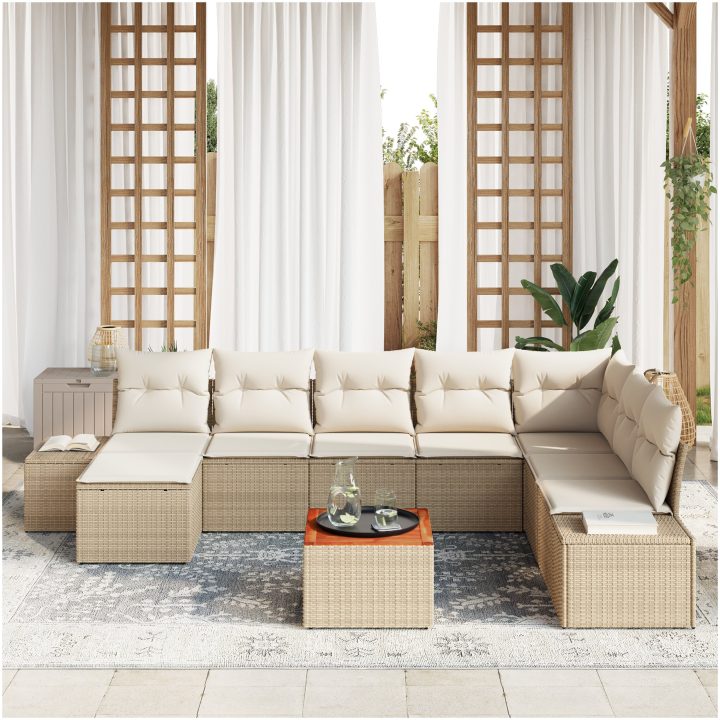9-delad trädgårdsoffa med kuddar i beige poly-rattan och akacia vidaXL 55 x 55 x 37 cm – bild 3