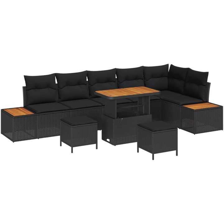 9-delad trädgårdsoffa med kuddar svart poly rattan akacia vidaXL 90 x 55 x 71 cm – bild 2