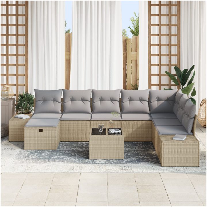 9-delad trädgårdsoffa set med kuddar Beige Polyrotting vidaXL 55 x 62 x 69 cm – bild 3