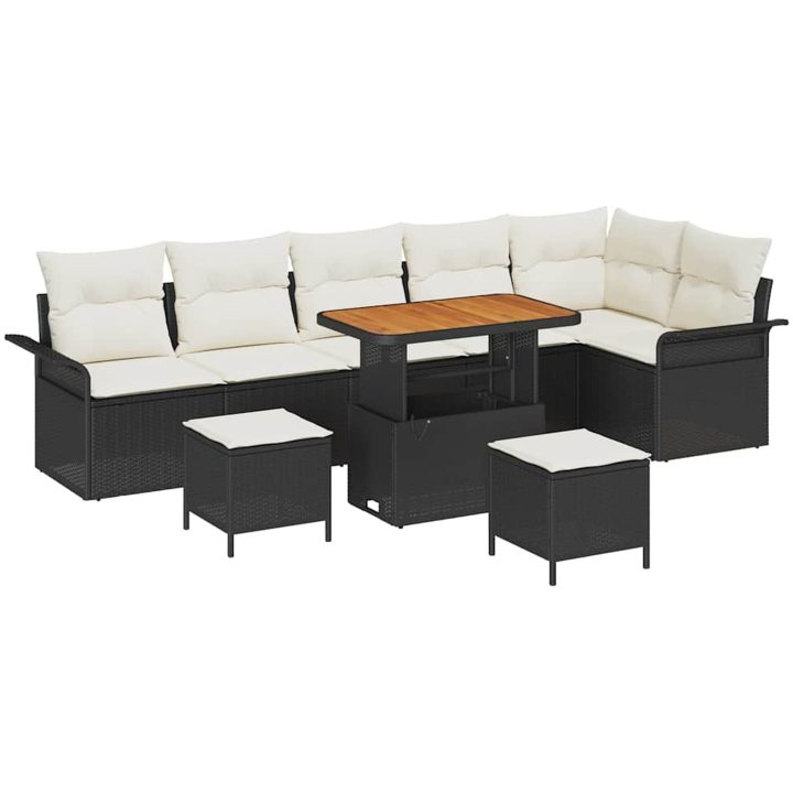 9-delad Trädgårdsoffa Set med Kuddar Svart Poly Rattan Acacia vidaXL Stor – bild 2