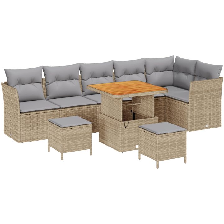 9-delad trädgårdsoffagrupp med kuddar beige poly rattan akacia vidaXL 4 - Delat set – bild 2