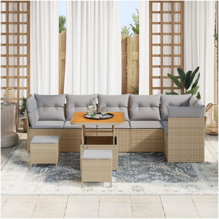 9-delad trädgårdsoffagrupp med kuddar beige poly rattan akacia vidaXL 4 - Delat set – bild 3