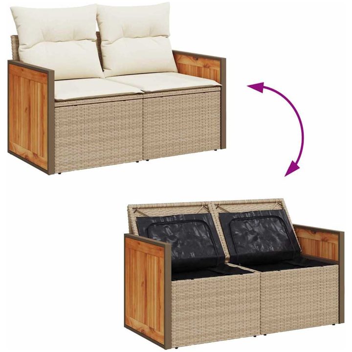 9-delad trädgårdsoffagrupp med kuddar Beige Poly Rott Akacia vidaXL Medium, 2 - Sits, 80 cm – bild 10