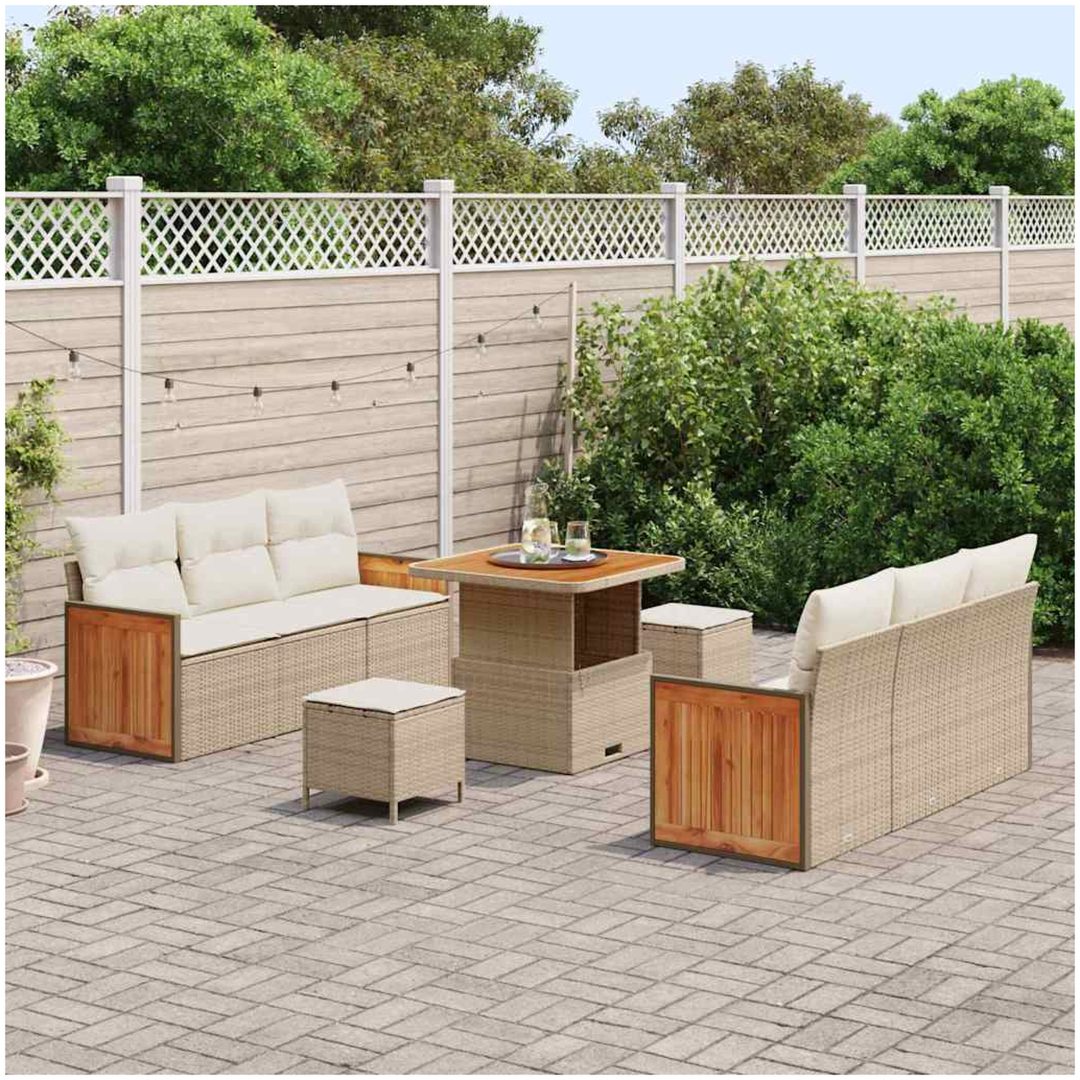 9-delad trädgårdsoffagrupp med kuddar Beige Poly Rott Akacia vidaXL Medium, 2 - Sits, 80 cm – bild 3