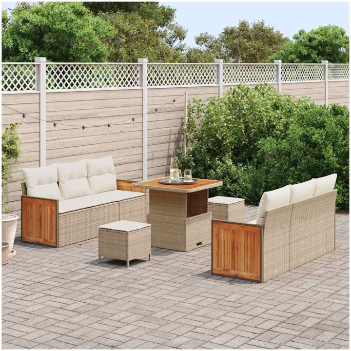 9-delad trädgårdsoffagrupp med kuddar Beige Poly Rott Akacia vidaXL Medium, 2 - Sits, 80 cm – bild 3