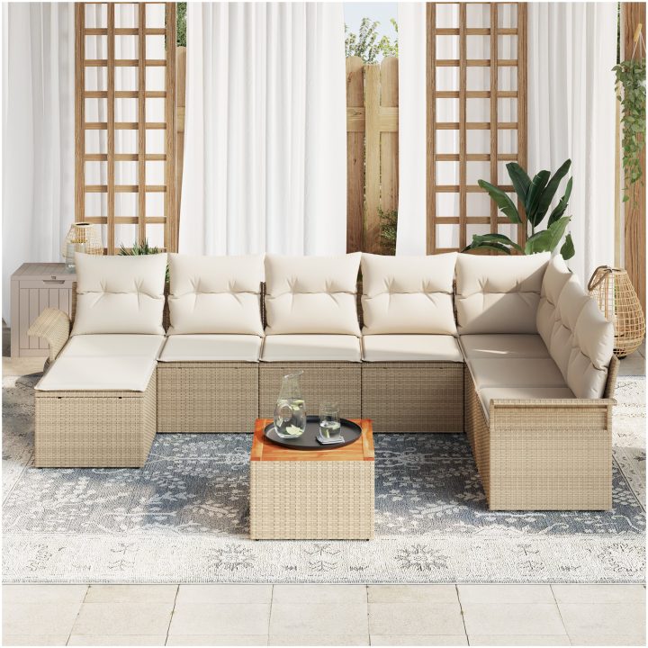 9-delad trädgårdsoffagrupp med kuddar Beige Poly Rottäng Akaciaträ vidaXL 55 x 55 x 37 cm – bild 3
