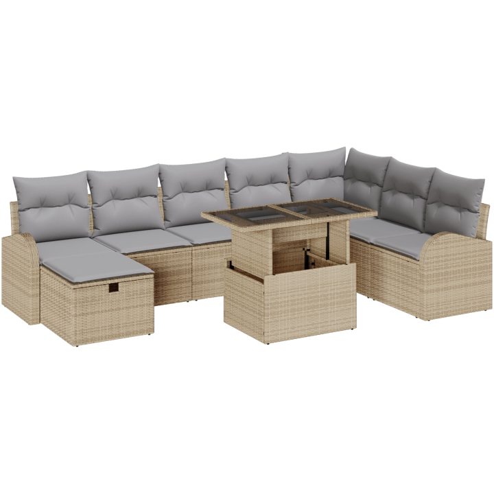 9-delad trädgårdsoffagrupp med kuddar Beige Poly Rotting vidaXL 100 x 55 x 73 cm – bild 2