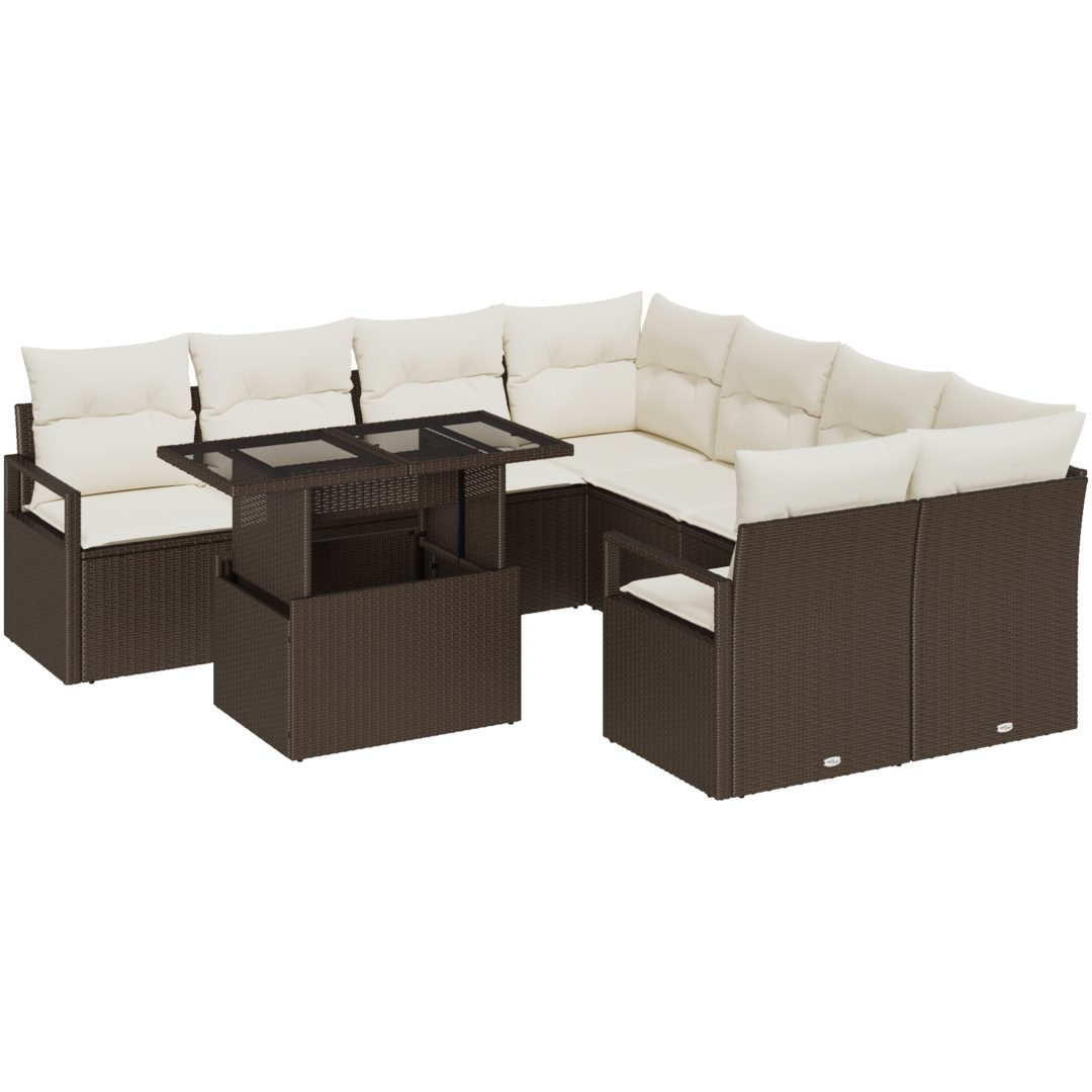 9 Delad Trädgårdsoffagrupp med Kuddar Brun Poly Rattan vidaXL 3 - Sits, 120 x 62 x 69 cm, medium – bild 2