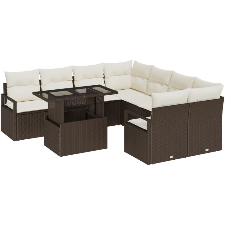 9 Delad Trädgårdsoffagrupp med Kuddar Brun Poly Rattan vidaXL 3 - Sits, 120 x 62 x 69 cm, medium – bild 2