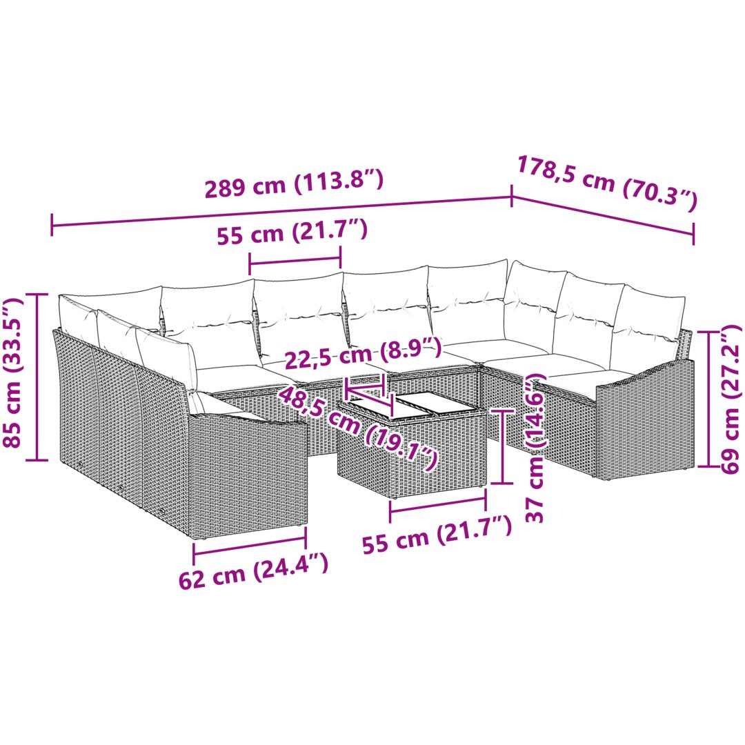 9-delad trädgårdsoffagrupp med kuddar brun polyroting vidaXL 289 x 178.5 x 85 cm – bild 9