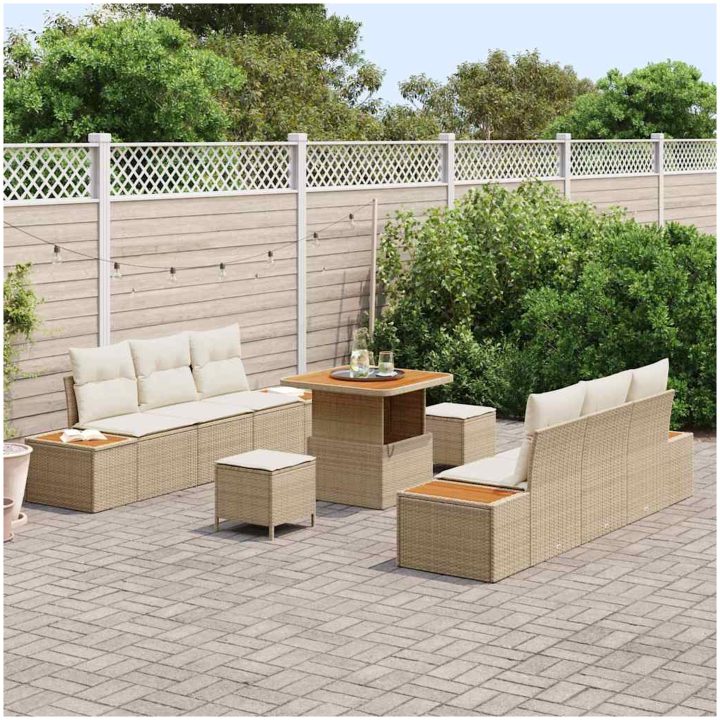 9-delad trädgårdsoffagrupp med kuddar i beige poly rattan akacia vidaXL Stor – bild 3