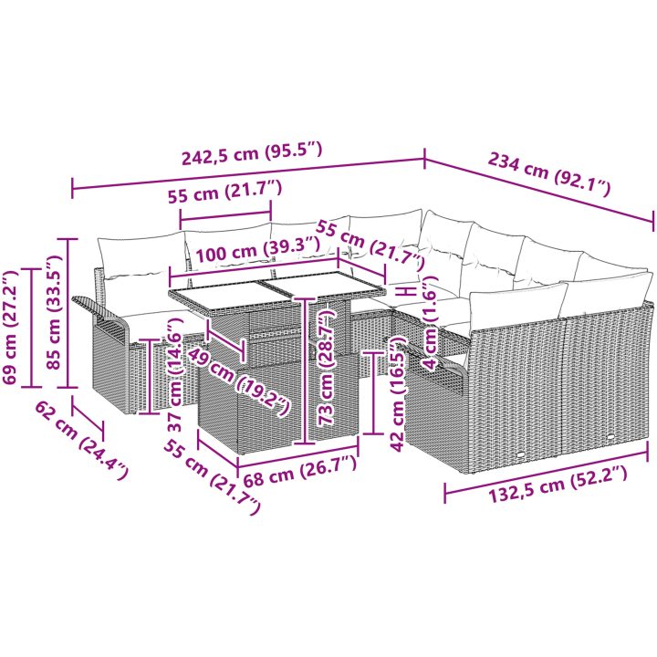 9-delad trädgårdsoffagrupp med kuddar i brun poly-rattan vidaXL 100 x 55 x 73 cm – bild 11