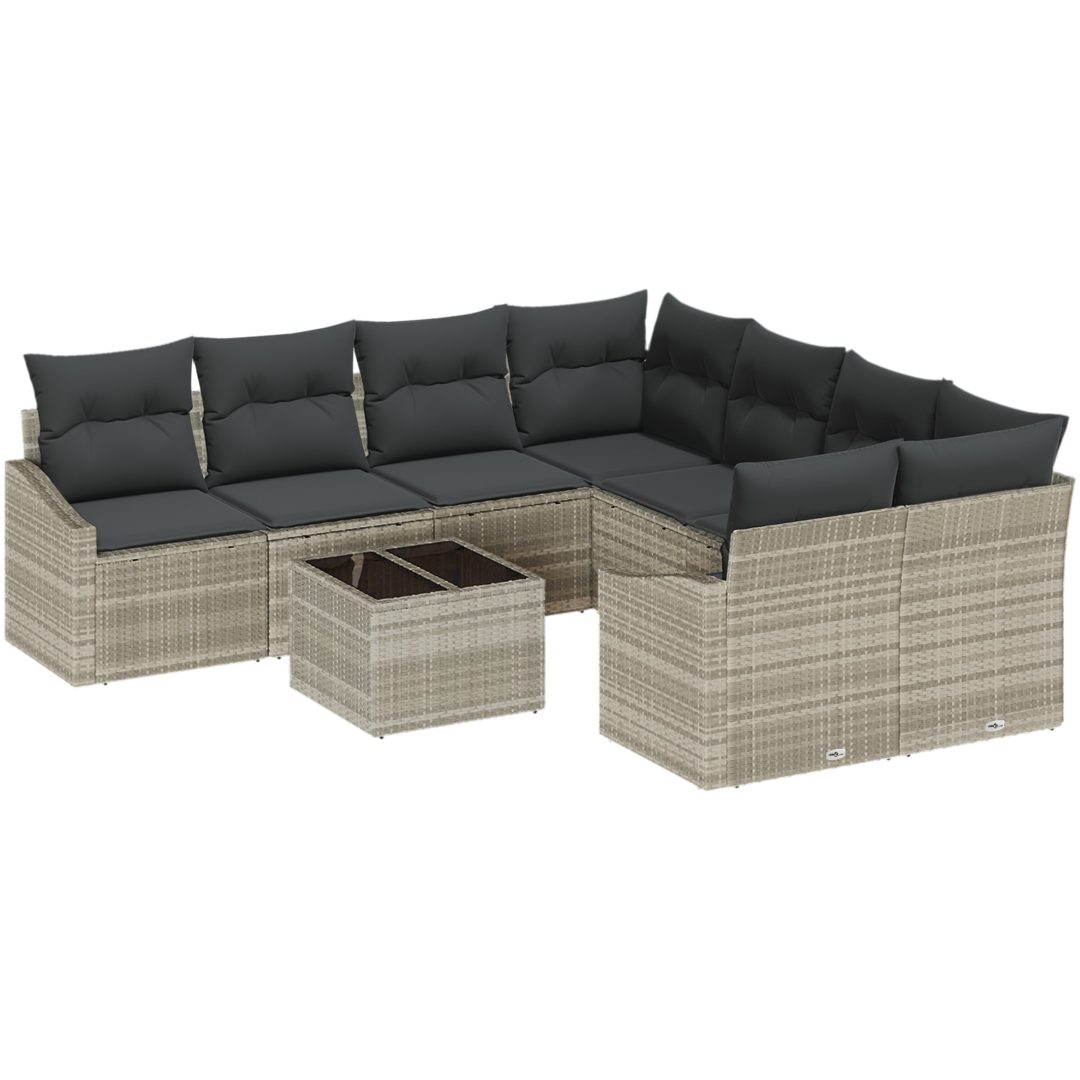 9-delad Trädgårdsoffagrupp med Kuddar Ljusgrå Poly Rattan vidaXL 55 x 55 x 37 cm – bild 2