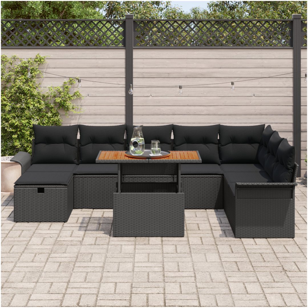 9-delad trädgårdsoffagruppe med kuddar svart poly rotting vidaXL 100 x 55 x 73 cm – bild 3