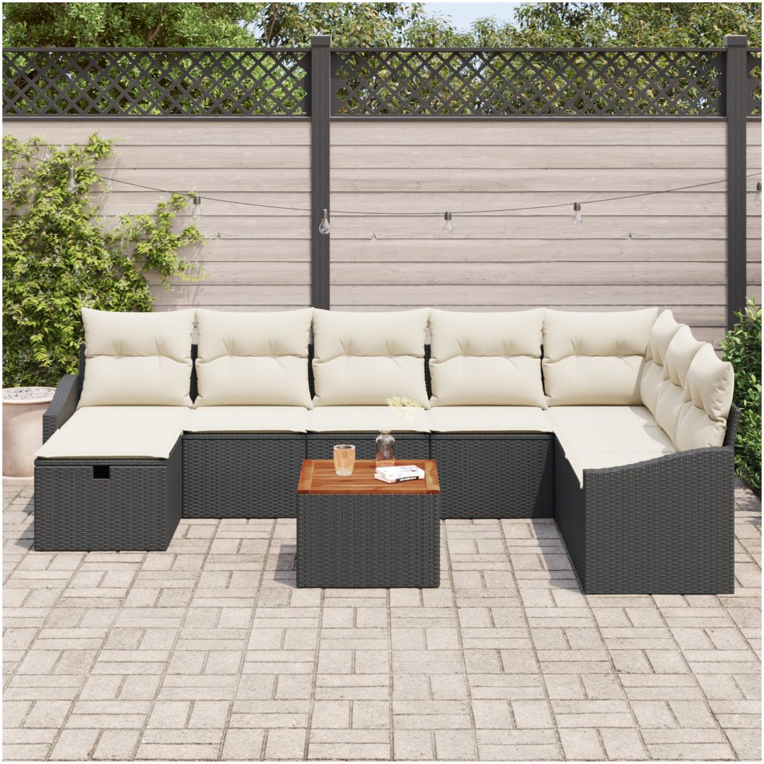 9-delad Trädgårdsoffan Set med Kuddar Svart Poly Rattan vidaXL 55 x 55 x 37 cm – bild 3