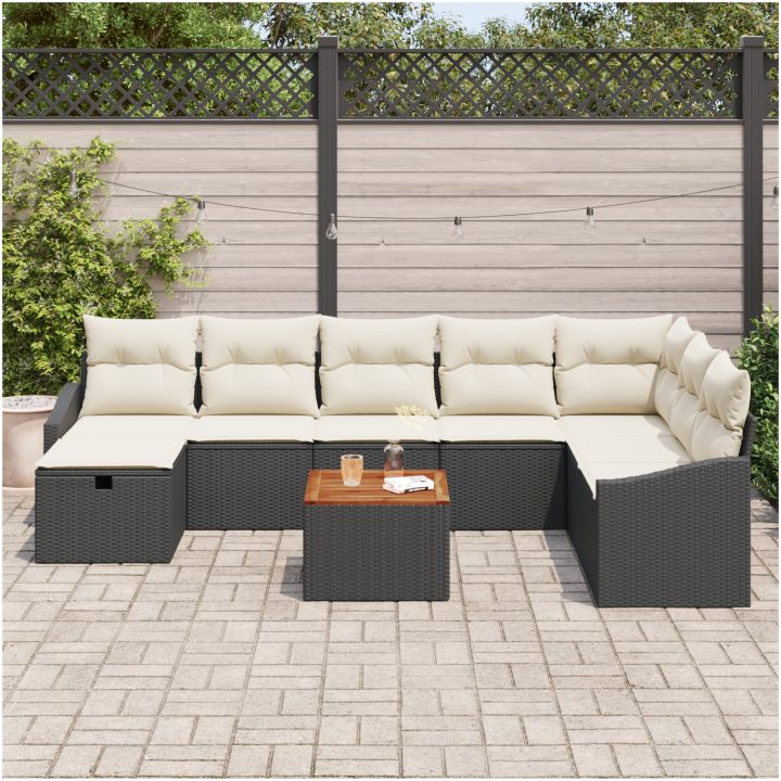9-delad Trädgårdsoffan Set med Kuddar Svart Poly Rattan vidaXL 55 x 55 x 37 cm – bild 3