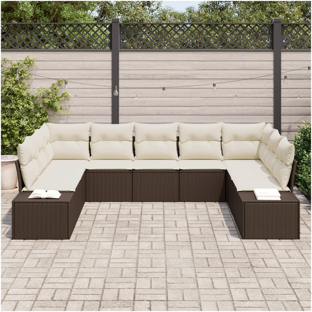 9-delad trädgårdsoffasats med kuddar - Brun poly rattan vidaXL 289 x 209 x 69 cm – bild 3