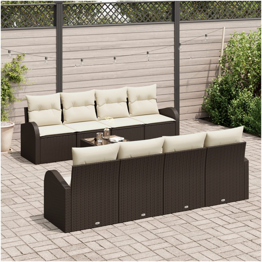 9-delad trädgårdsoffasats med kuddar brun poly rattan vidaXL 55 x 55 x 37 cm – bild 3
