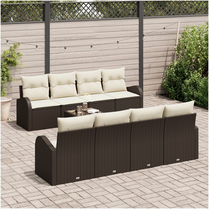 9-delad trädgårdsoffasats med kuddar brun poly rattan vidaXL 55 x 55 x 37 cm – bild 3