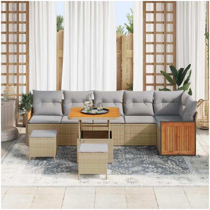9-delad trädgårdsoffaset med kuddar beige Poly Rattan Akaci vidaXL Stor – bild 3