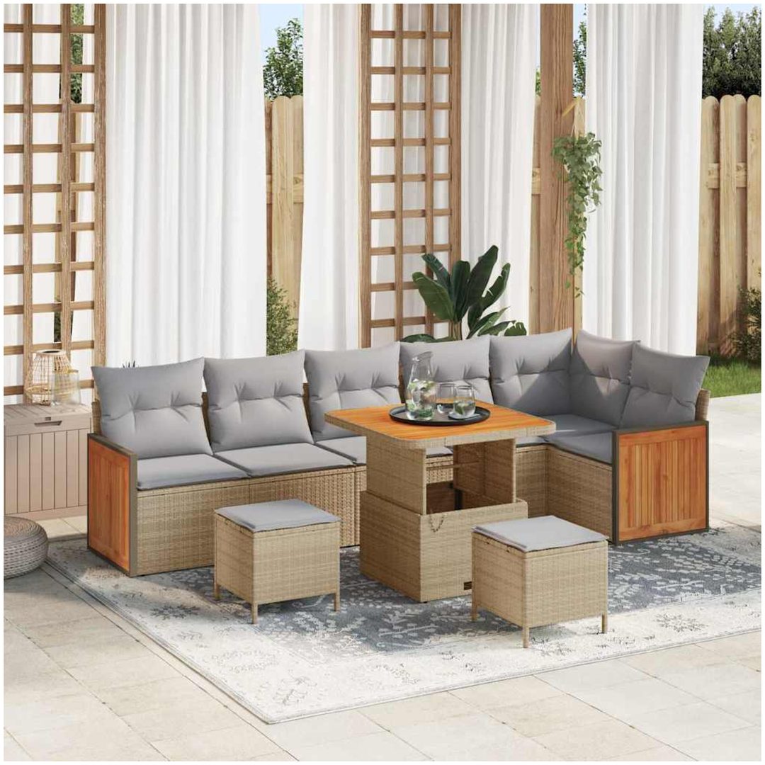 9-delad trädgårdsoffaset med kuddar beige Poly Rattan Akaci vidaXL Stor