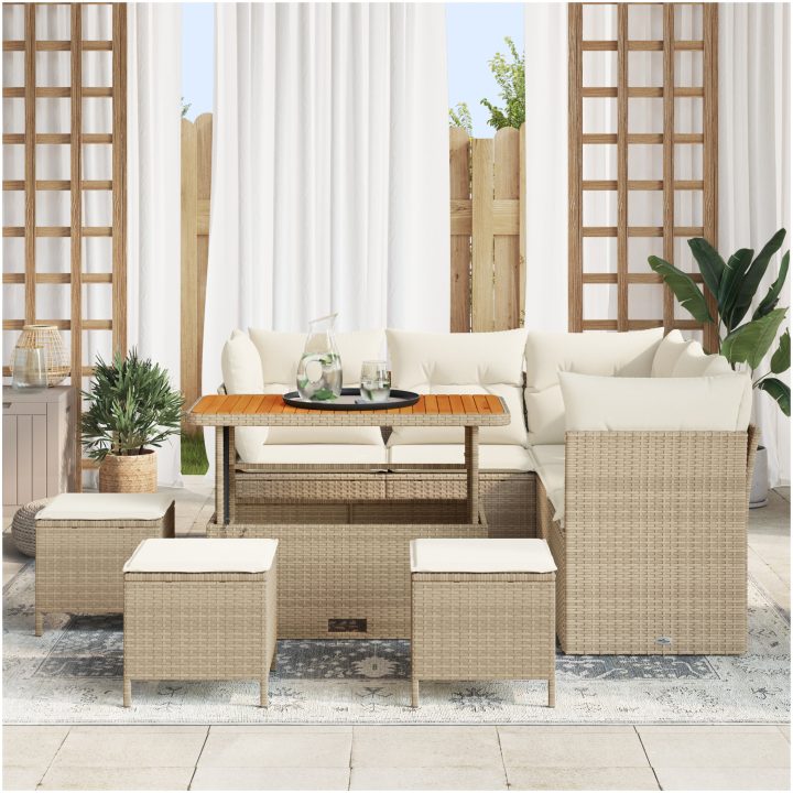 9-delad trädgårdsoffaset med kuddar Beige Poly Rattan Akacia vidaXL Stor – bild 3