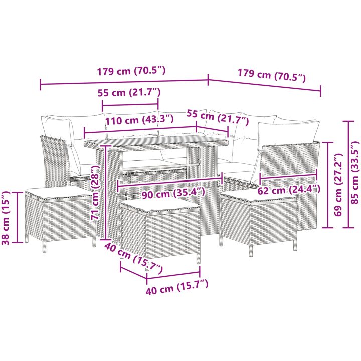 9-delad trädgårdsoffaset med kuddar Beige Poly Rattan Akacia vidaXL Stor – bild 9