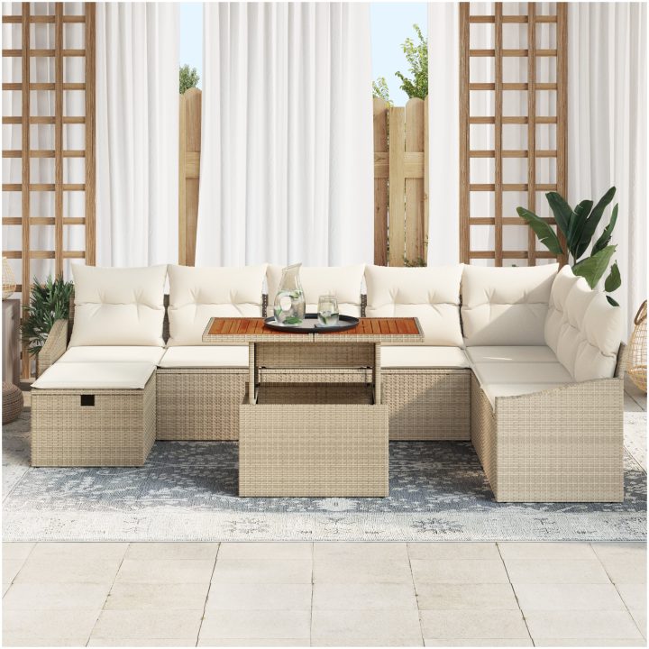 9-delad trädgårdsoffaset med kuddar beige polyrotting vidaXL 55 x 55 x 37 cm – bild 3