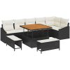 9-delad trädgårdsoffaset med kuddar svart poly rattan akacia vidaXL Stor – miniatyr 2