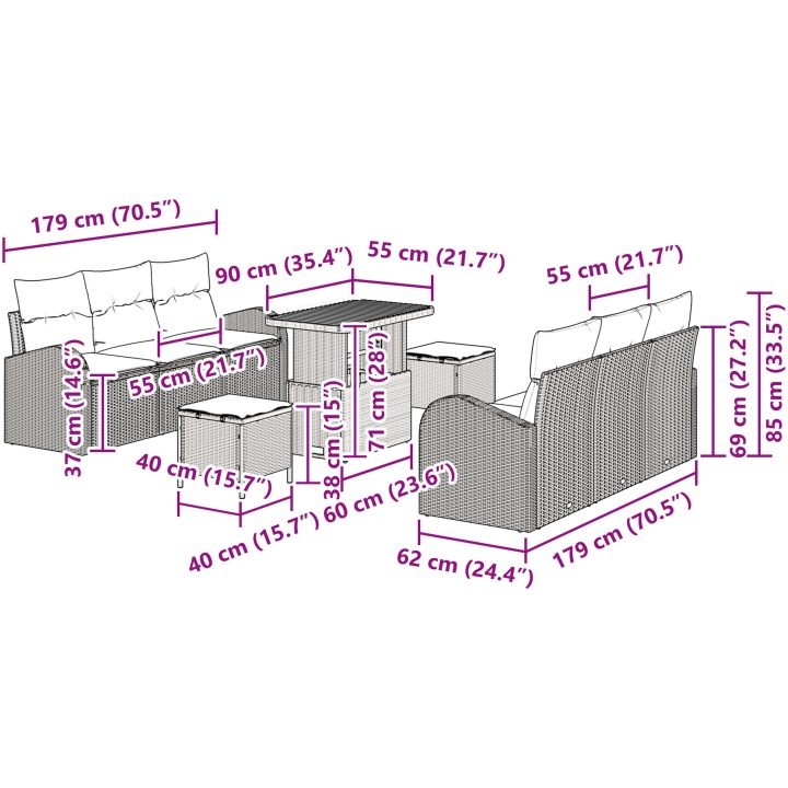 9-delad trädgårdsoffasets med kuddar Beige Polyroting Akacia vidaXL 5 - Delad – bild 12
