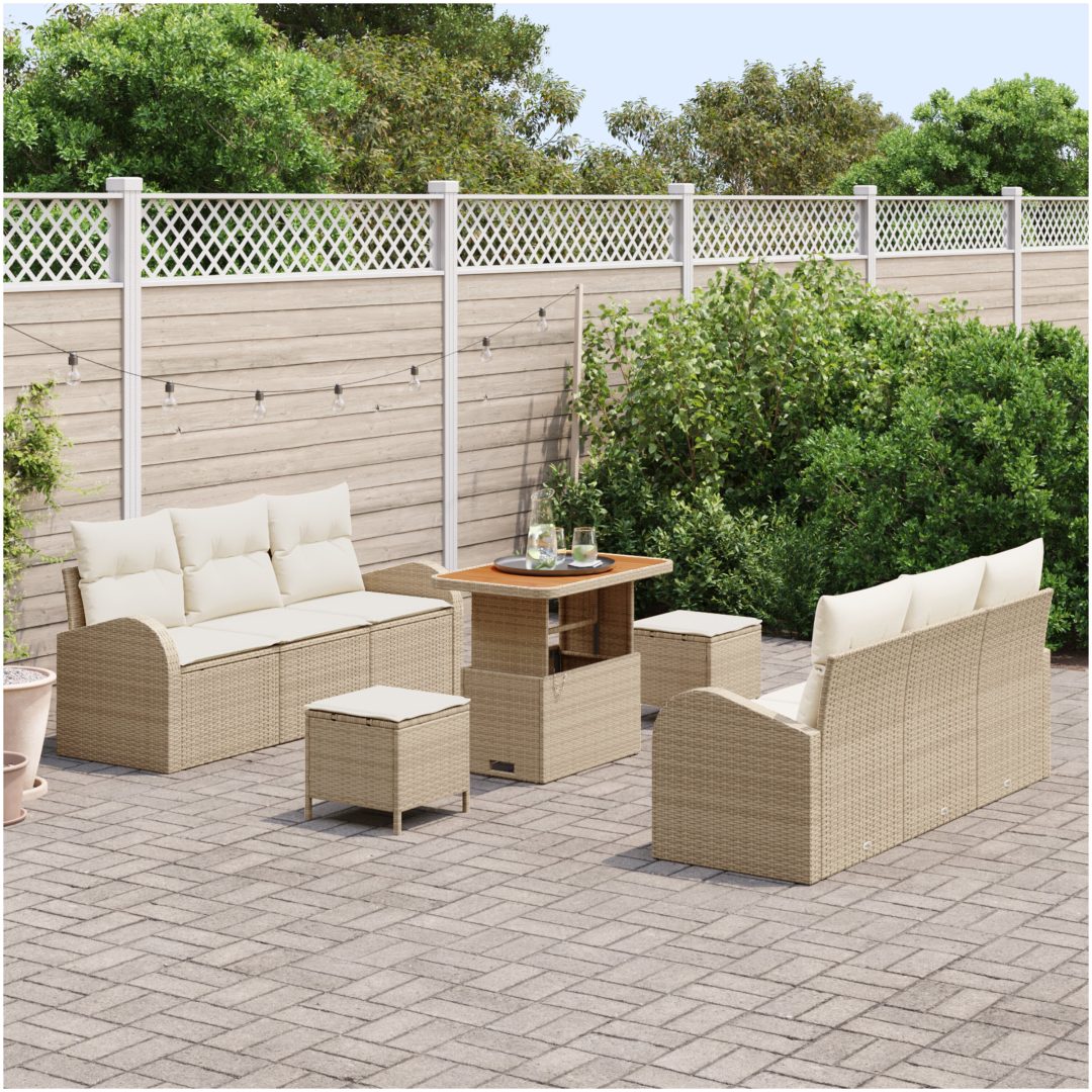 9-delad trädgårdsoffasets med kuddar Beige Polyroting Akacia vidaXL 5 - Delad – bild 3