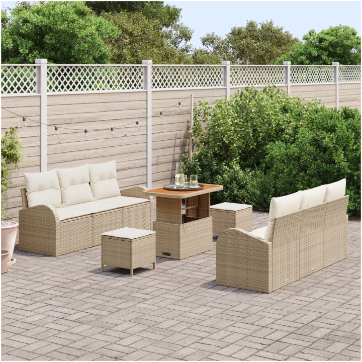 9-delad trädgårdsoffasets med kuddar Beige Polyroting Akacia vidaXL 5 - Delad – bild 3