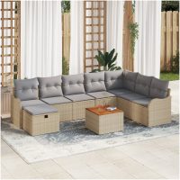 9-delad trädgårdsoffasett med kuddar beige poly rattan vidaXL